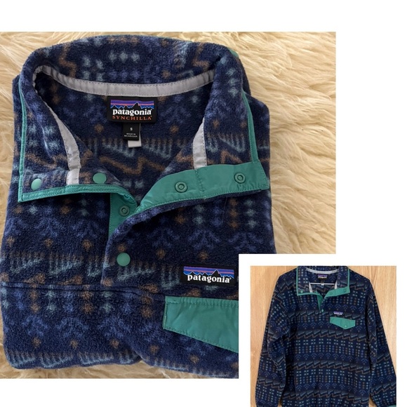 Patagonia Synchilla Re-Tool Blue and Green 1/4 Snap Pullover Fleece Jacket - Picture 1 of 5